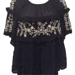 Zara Trafaluc Col Sheer Black Embroidered Top Sz S